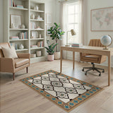 Ivory Traditional Persian Area Rug with Turquoise Accents
