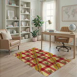 Red Cream Gingham Golden Leaf Area Rug