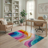 ODIKA Abstract Wavy Rainbow Washable Rug - Modern Colorful Low Pile Area Rug