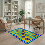 Vibrant Yellow Rug with Blue Daisy Flowers