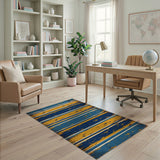 Distressed Vintage Blue Yellow Striped Area Rug