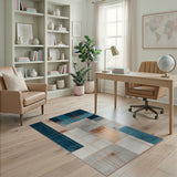 Washable Modern Abstract Geometric Area Rug - Blue & Copper, Low Pile