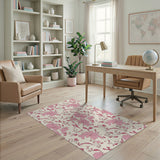 ODIKA Pink Vintage Floral Washable Area Rug, Low Pile Non-Slip & Pet Friendly Carpet
