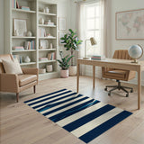 Navy Striped Area Rug with Teal Waves