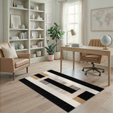 ODIKA Modern Washable Geometric Area Rug - Black & Tan Low Pile Non-Slip Carpet