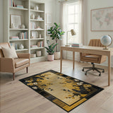 Black Framed Beige Floral Motif Area Rug