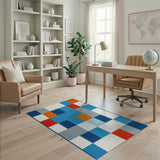 Modern Geometric Block Area Rug in Blue Orange Red