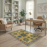 Yellow Persian Medallion Area Rug with Blue Motifs