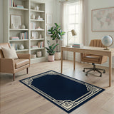 Navy Blue Ornate Geometric Border Rug