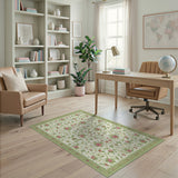 Pink Rose Floral Cream Area Rug with Green Vines