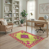 Pink Floral Starburst on Sunny Yellow Rug