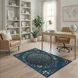 Ornate Teal Gold Medallion Persian Rug