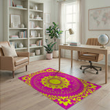 Vibrant Pink Yellow Floral Mandala Rug