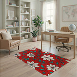 Vibrant Red Daisy Floral Area Rug with Teal Leaves