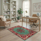 Teal Persian Medallion Area Rug with Red Border