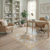 Beige and Neutral Ornate Beige Floral Medallion Persian Rug