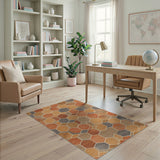 Washable Terracotta Geometric Hexagon Low Pile Area Rug