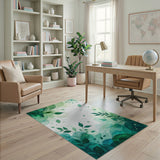 ODIKA Botanical Green Watercolor Leaf Washable Rug - Low Pile Non-Slip Area Rug