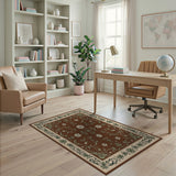 Vintage Brown Floral Area Rug with Cream Daisies