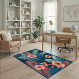Blue Teal Hibiscus Washable Area Rug
