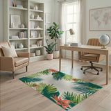 Lush Green Palm Leaf Area Rug with Coral Blooms