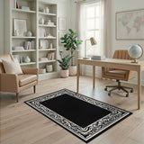 Ornate Floral Border Area Rug - Black White