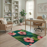 Pink Hibiscus Palm Leaf Area Rug