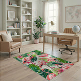 ODIKA Tropical Flamingo Pink Palm Leaf Washable Rug - Non-Slip Low Pile Area Rug