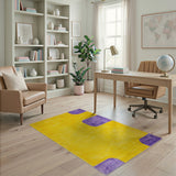Vibrant Yellow Shag Rug with Purple Geometric Blocks