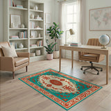 Ornate Teal Border Persian Medallion Rug