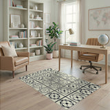 Black White Geometric Floral Tile Area Rug