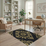 ODIKA Washable Gold Medallion Black Damask Area Rug - Low Pile Non-Slip Rug