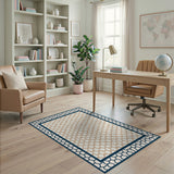 Hexagonal Beige Area Rug with Navy Border