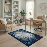 Washable Elegant Blue Botanical Floral Area Rug - Low Pile & Non-Slip