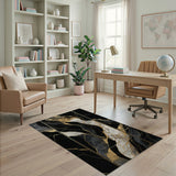 Black Gold Marble Vein Abstract Area Rug