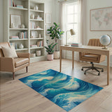 Coastal Beach Dynamic Ocean Waves Blue Teal Area Rug