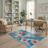Blue Teal Palm Fronds Pink Hibiscus Area Rug