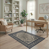 Ornate Navy Beige Maze Labyrinth Rug
