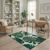 Coastal Beach Lush Green Monstera Leaves Area Rug