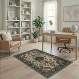 Ivory Traditional Persian Floral Area Rug with Navy Border