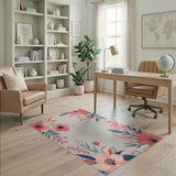 Blush Pink Floral Area Rug with Blue Leaves