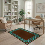 Ornate Teal Border Chocolate Area Rug