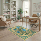 Vintage Blue Daisy Floral Rug with Teal Border