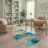 ODIKA Abstract Teal & Peach Wave Washable Area Rug - Low Pile Non-Slip & Pet-Friendly