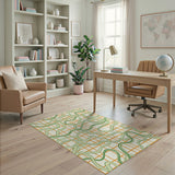 Curvy Green Waves on Orange Grid Area Rug