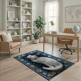 Navy Blue Floral Embroidered Area Rug