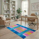 Vibrant Blue Pink Yellow Brushstroke Striped Area Rug