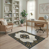 Luxurious Gold Navy Ornate Floral Border Rug