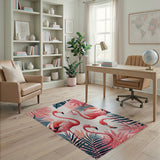 Pink Flamingo Flock Palm Leaf Area Rug