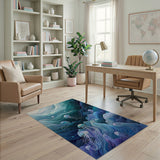 Watercolor Deep Blue Jellyfish Washable Area Rug - Low Pile